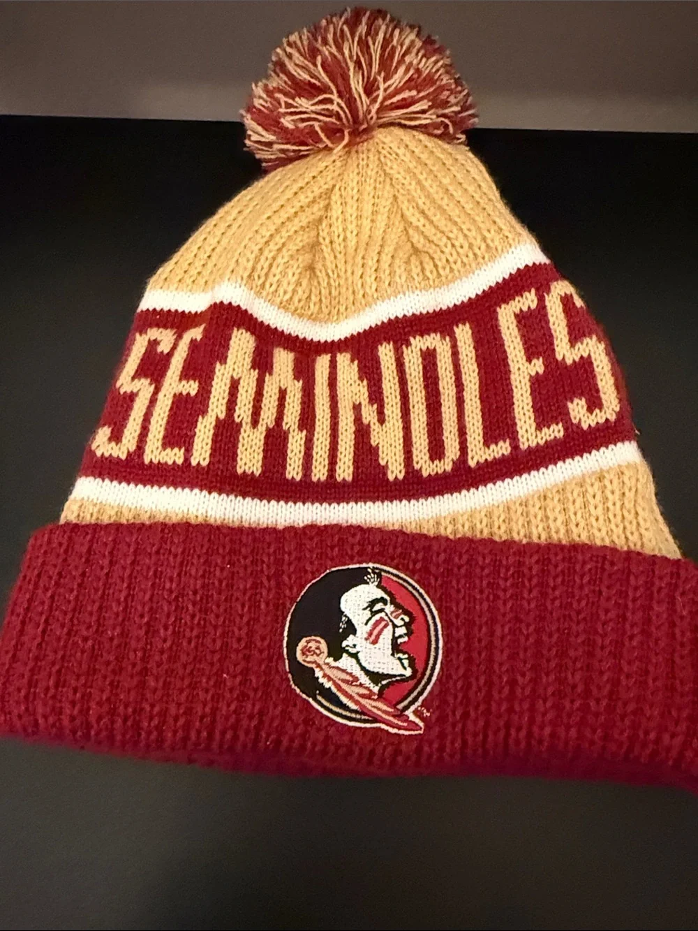 Maroon and Gold Pom Cuffed Knit Beanie with Team Patch